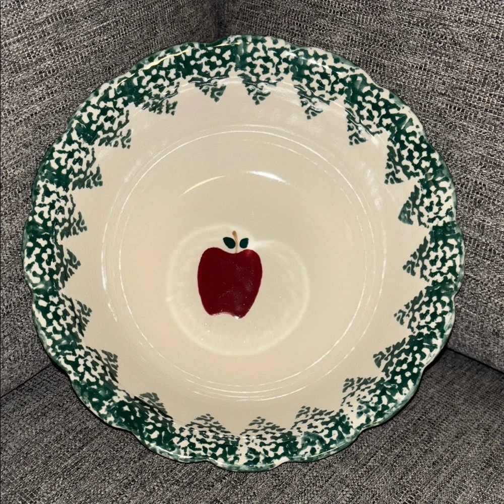 Folk Craft Stoneware Apple Serving Bowl Green Spongeware Vintage